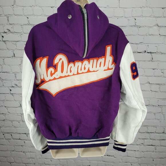 VTG DeLong Retro Purple Wool Hooded Varsity Letterman Jacket USA Made Size 40 - Picture 2 of 15